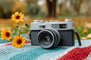 Vintage analog camera lying on colorful blanket with flowers in autumn park photo