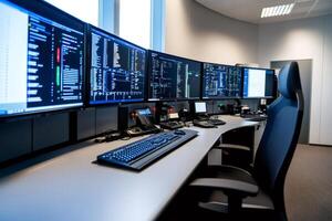 Programmer working with multiple computer screens showing code in modern office photo
