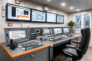 Modern control room monitoring system showing industrial plant data on multiple screens photo
