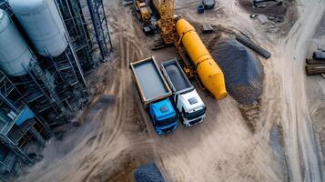 Trucks loading building materials at construction site with silos and crane photo