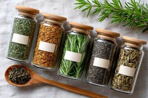 Glass jars with various dried herbs and spices displaying blank labels for customization photo