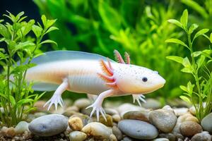 Leucistic axolotl swimming in aquarium with green plants photo