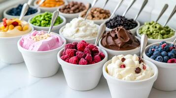 Ice cream bar offering various flavors and toppings displayed in white bowls photo