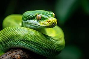Green tree python resting on a branch, showing its scales and eyes photo