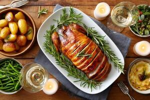Roasted duck with rosemary, potatoes, green beans and mashed potatoes on festive table setting photo