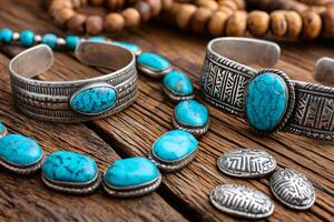 Silver and turquoise jewelry resting on rustic wooden surface photo