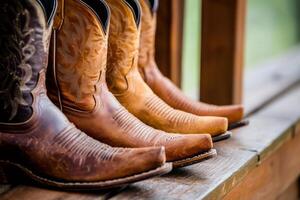 Three pairs of cowboy boots resting on a wooden porch photo