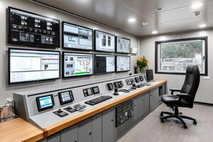 Modern control room monitoring system showing charts, data and statistics photo