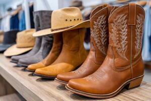 Cowboy boots and hats displayed on wooden shelf in western wear store photo