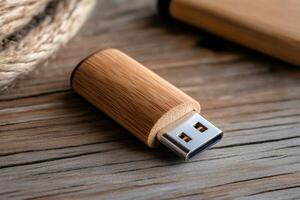 Modern wooden usb flash drive laying on rustic table photo