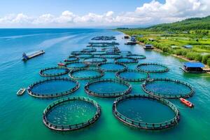 Fish farm showing aquaculture and salmon farming in open sea cages photo