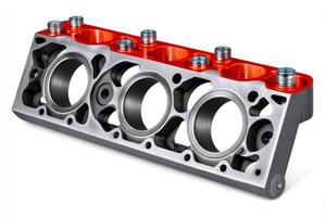 Sectioned engine block showing cylinder sleeves and head stud bores photo