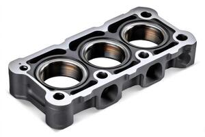 Section of a metal engine block showing threaded cylinder sleeves photo
