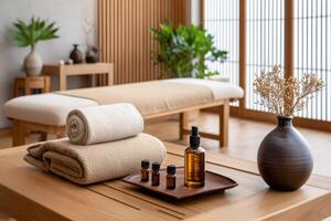 Essential oils and towels resting on table in modern spa setting photo