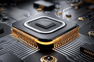 Cpu processing data on motherboard, futuristic technology in action photo