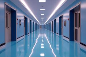 Empty hospital corridor reflecting lights on shiny floor photo
