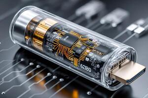 Transparent electronic device showcasing internal circuitry and components photo