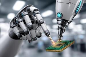 Robotic arms working on a microchip in a futuristic factory photo