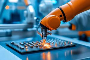 Robotic arm working on circuit board in modern factory.. photo