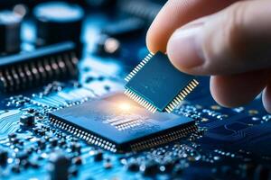 Technician installing microchip on motherboard in electronic circuit photo
