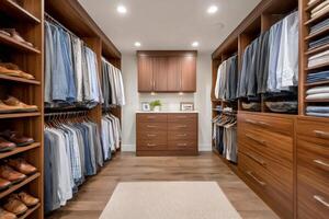 Modern walk in closet with clothes and shoes displaying elegance and organization photo