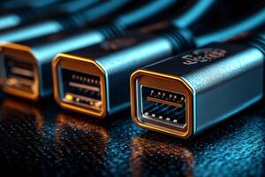 Close up of usb cables connecting and transferring data on dark background photo