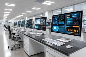 Modern laboratory control room showing multiple computer monitors displaying scientific data and information photo
