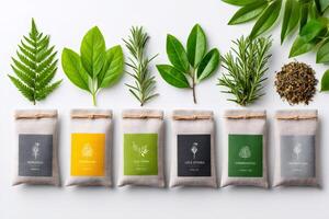 Scented sachets with herbs and green leaves displaying a natural and relaxing atmosphere photo