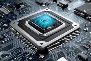 Cpu processing data on motherboard, futuristic technology in action.. photo
