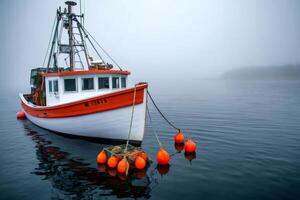 Fishing boat floating on calm water with lobster traps and buoys in foggy morning photo