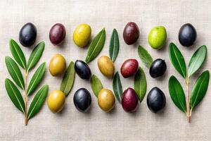 Freshly picked olives and olive branches creating a colorful pattern on linen cloth photo