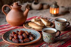 Enjoying traditional arabic coffee, dates, and bread with clay teapot and lantern photo