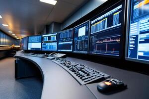 Modern control room with multiple computer monitors showing charts and data photo