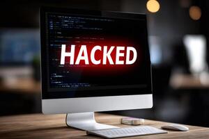 Computer monitor showing hacked message during cyberattack in office photo