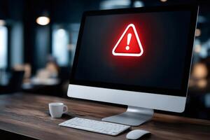 System warning alert notification on computer screen, cyber security breach photo