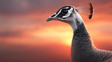 A close up of a bird with a red sky in the background photo