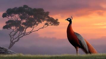 A large bird standing in a field with a tree in the background photo