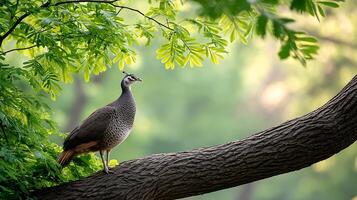 A peacock is perched on a tree branch photo