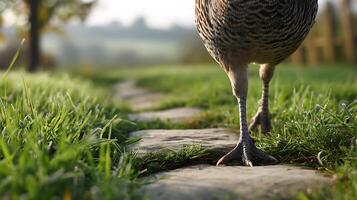 A bird walking on a path in a field photo