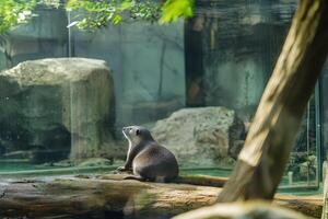 Otter resting near water at a zoo exhibit photo