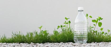 Discarded plastic bottle next to green plants photo