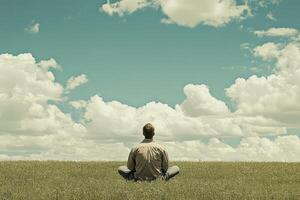 Meditation in an open field under bright sky photo