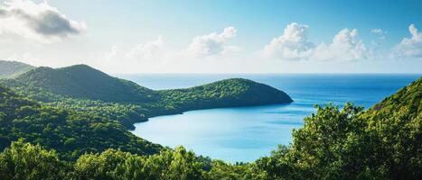 Serene coastal view of green hills and ocean photo