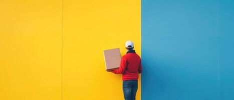 Person holding package in front of colorful wall photo