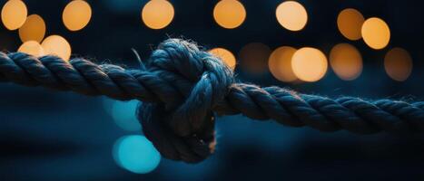Decorative knot tied in rope near sparkling lights photo