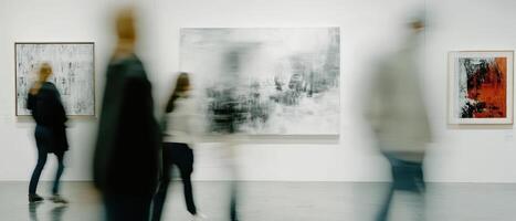 Visitors explore abstract art in a modern gallery photo
