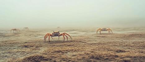 Crabs foraging on a foggy beach at dawn photo