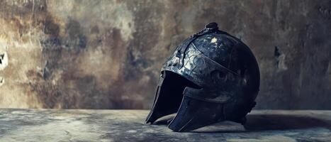 Ancient helmet on a weathered tabletop photo
