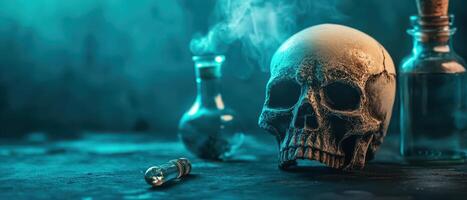 Mysterious laboratory setup with skull and flasks photo