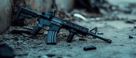 Rifle resting on the ground in an abandoned area photo